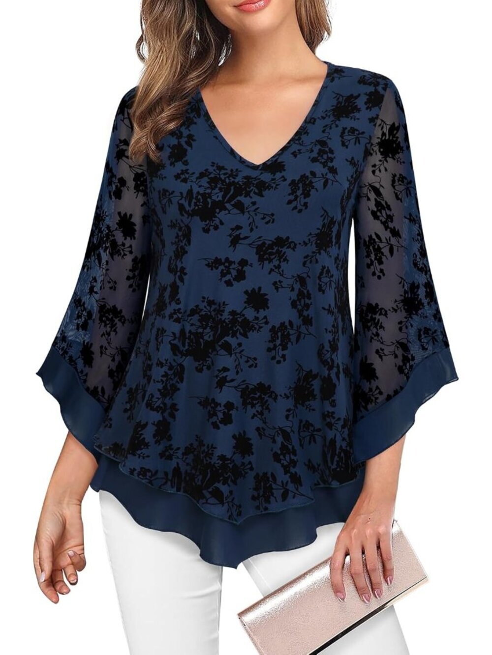 Women's Mesh Shirt Blue Double Layer Ruffle 3/4 Flared Sleeve Blouse Tunic Top